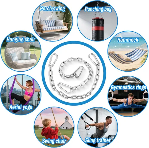 Vista 6 de Cadenas de acero inoxidable resistente, cadena de saco de boxeo pesado con 2 mosquetones, kit de herramientas de hamaca de capacidad de 550 libras