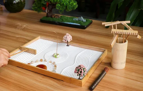 Vista 8 de Accesorios de herramientas de rastrillo de jardín Zen, juego de herramientas de rastrillo de bambú zen de arena japonesa, regalos de relajación
