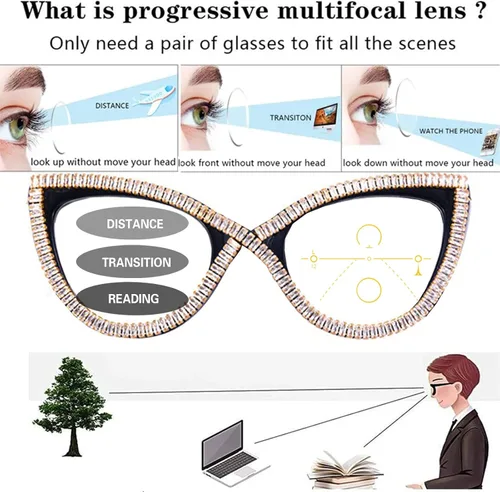 Vista 4 de Gafas de sol para mujer con diamantes de imitación de ojo de gato, lentes de sol de transición fotocrómicas progresivas multifocales