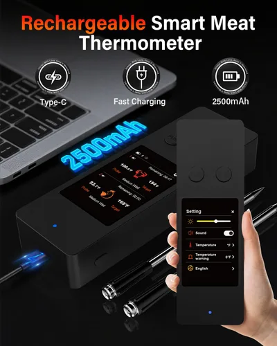 Vista 11 de Termómetro inalámbrico para carne con Bluetooth y aplicación, pantalla táctil, alarma audible, 2 sondas, alcance de 800 pies y base recargable