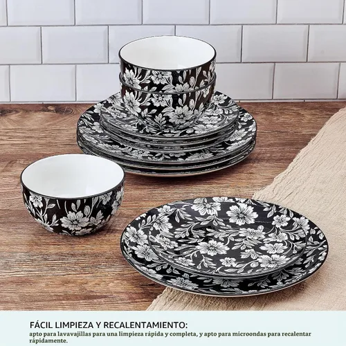 Vista 5 de Pfaltzgraff Midnight Blooms - Juego de vajilla de gres floral de 12 piezas, plato, tazón y recipiente, servicio para 4, negro