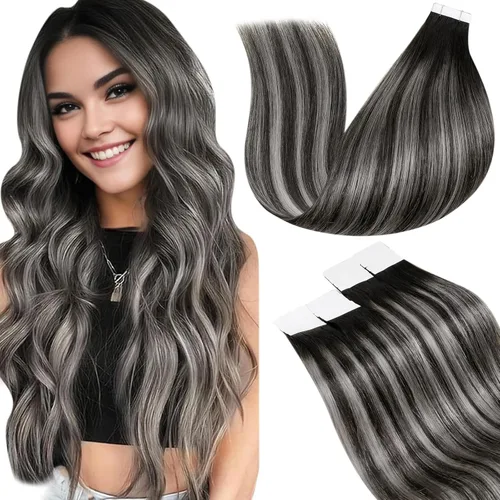Vista 20 de LaaVoo Extensiones adhesivas de cabello humano real, color negro azabache, extensiones de cabello humano liso y sedoso, 10 pulgadas, 20