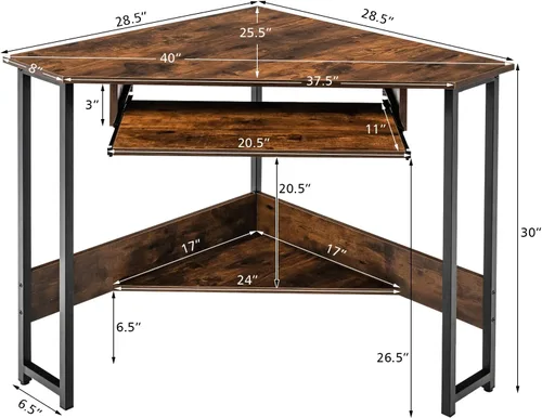 Vista 3 de MEDIMALL Escritorio triangular para computadora, mesa de escritura de esquina pequeña con tomas de corriente, bandeja para teclado y estante