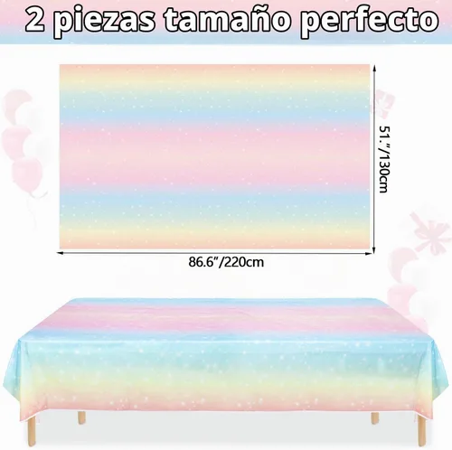 Vista 2 de Paquete de 2 manteles de arcoíris pastel, 51 x 87 pulgadas, desechables, de plástico, rectangulares, para niñas, decoración de fiesta de cumpleaños