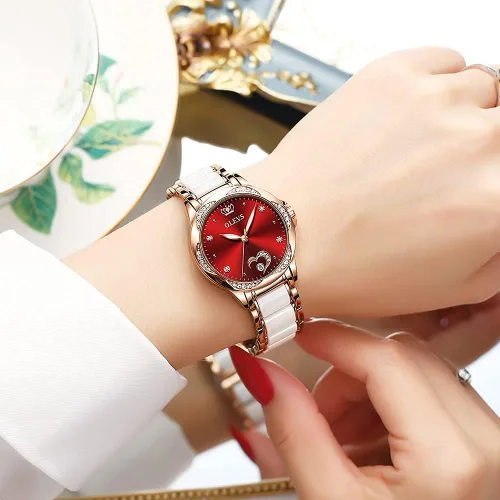 Vista 2 de OLEVS Relojes de oro rosa para mujer, relojes automáticos con pulsera de cerámica de acero inoxidable de dos tonos, relojes de cuerda automática