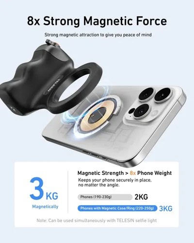 Vista 5 de TELESIN Fun Shot Agarre Magnético para Cámara de Teléfono + Kit Creador de Luz Magnética para Selfie C03 Compatible con iPhone Magsafe y Android