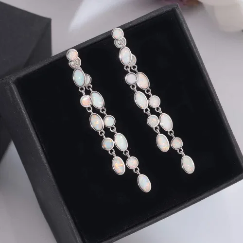 Vista 2 de CiNily Aretes colgantes chapados en oro blanco de 18 quilates con ópalo Sutd para mujer, aretes colgantes de piedras preciosas de ópalo para regalar