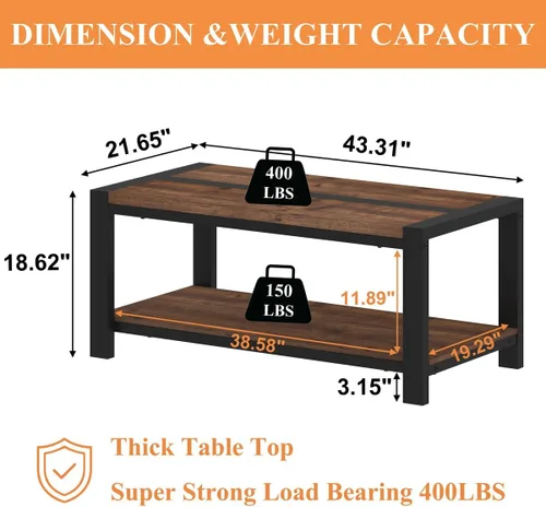 Vista 2 de BON AUGURE Mesa auxiliar para sala de estar, mesas industriales de madera y metal, mesa central rectangular de granja (roble rústico, 43 pulgadas)