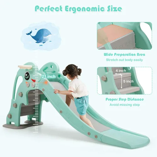 Vista 6 de Baby Joy Slide para niños, juego grande para escalador de juegos con pendiente de deslizamiento extralarga, aro de baloncesto y bola, regalo ideal