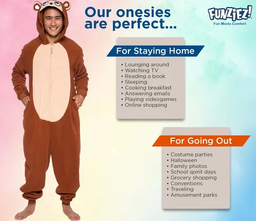 Vista 5 de Slim Fit Adult Onesie - Animal Halloween Costume - Plush Fruit One Piece Cosplay Suit for Women and Men by FUNZIEZ!