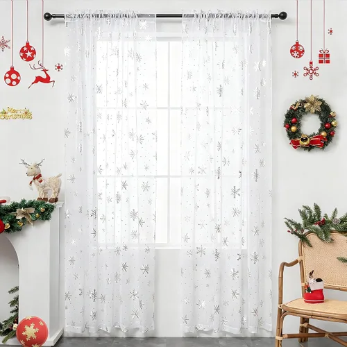 Vista 11 de Cortinas traslúcidas de Navidad para sala de estar, cortinas transparentes con estampado de copos de nieve de lujo, cortinas con bolsillo