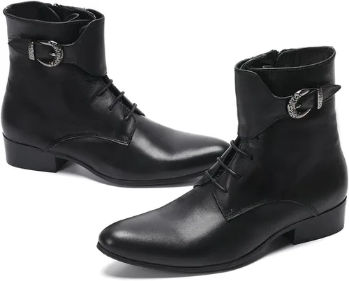 Vista 7 de Santimon Botas vaqueras para hombre, vestido formal, botas Chelsea de cuero genuino, botas casuales Patry de moda occidental, formal, baile