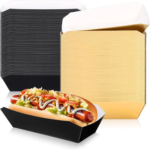 Vista 9 de Yeaqee 100 bandejas de papel de 7 pulgadas desechables para perros calientes, alimentos, nachos, botes para perros calientes, platos de comida Negro
