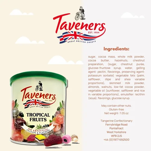 Vista 2 de Taveners - Gotas de frutas tropicales, surtido de dulces dulces, dulces duros de frutas tropicales en lata, dulces británicos, dulces tradicionales