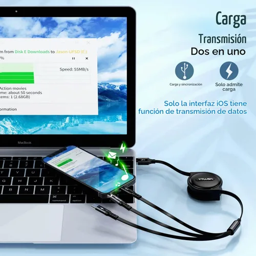 Vista 3 de Cable de carga múltiple en espiral 3A, paquete de 2 cables Lightning retráctiles, cable de carga múltiple de 4 pies para automóvil, cargador