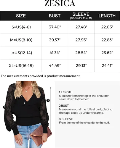 Vista 5 de ZESICA Women's 2023 Fall V Neck Lace Patchwork Solid Color Long Sleeve Casual Knit Pullover Sweater Tops