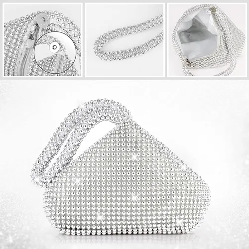Vista 5 de Hooqict Juego de joyas de diamantes de imitación para mujer, 4 piezas con purpurina triangular, monedero de embrague con borla, aretes, gargantilla