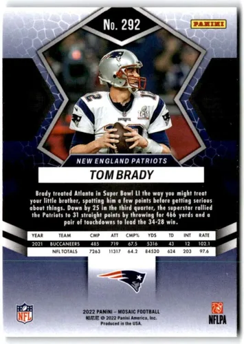 Vista 2 de 2022 Panini Mosaic #292 Tom Brady New England Patriots Super Bowl MVPs Official NFL Football Card in Raw (NM or Better) Condition