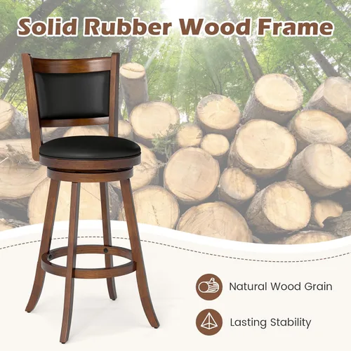 Vista 7 de COSTWAY Juego de 2 taburetes de bar, giratorios de 360 grados, taburete giratorio de madera con acento de altura, diseño tapizado de cuero, asiento