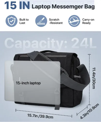 Vista 2 de Bolsa de mensajero para hombre, ligera, resistente al agua, 15.6 pulgadas, bolsa para laptop, bolsa de hombro para oficina de negocios