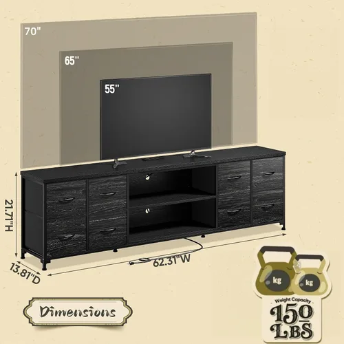 Vista 3 de Soporte de TV de 63" de ancho para 65 75 pulgadas con luces y tomas de corriente, soporte de TV para dormitorio con 8 cómodas de tela y cajoneras