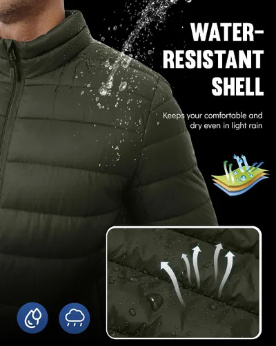 Vista 3 de WHN Chaqueta acolchada para hombre, ligera, impermeable, resistente al viento, cuello alto, con cremallera completa, con 3 bolsillos