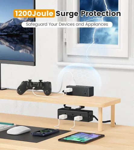 Vista 4 de Regleta de alimentación con abrazadera de escritorio de doble capa, protector de sobretensiones de montaje en borde de escritorio con 4 puertos USB