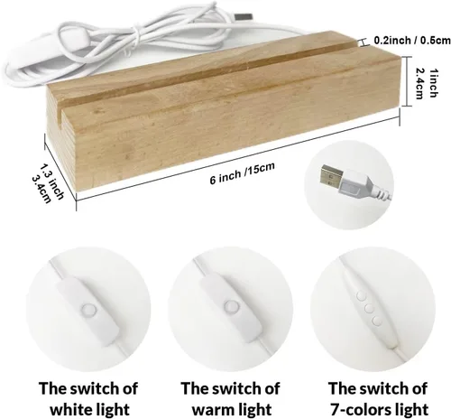 Vista 5 de Base de madera rectangular iluminada LED de 6 pulgadas para acrílico y plexiglás, pedestal de pantalla, base de madera de lámpara LED con luz de 7