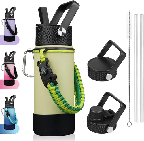 Vista 23 de BJPKPK - Botella de agua con tapa de popote, botellas de agua aisladas de 18 onzas con 3 tapas, asa de cuerda de paracaídas y base antideslizante