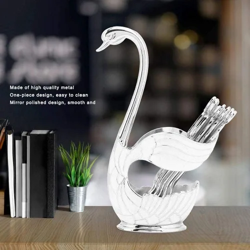 Vista 4 de Juego de cucharas de postre de café de metal con soporte, cisne para cucharas, base de cubiertos de frutas, organizador de 6 piezas de helado