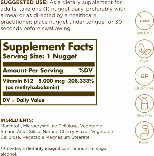 Vista 2 de Solgar Metilcobalamina (vitamina B12) 5000 mcg, 60 pepitas (paquete de 3) – Sabor a cereza – Apoya el metabolismo energético – Preparado