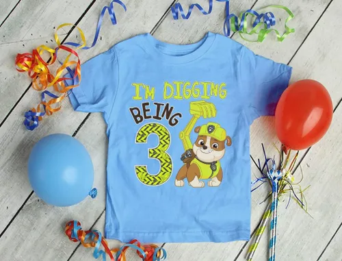 Vista 4 de Rubble Paw Patrol - Camiseta de 3er cumpleaños Regalo divertido para niños de 3 años Camiseta de fiesta temática de excavación para niños pequeños