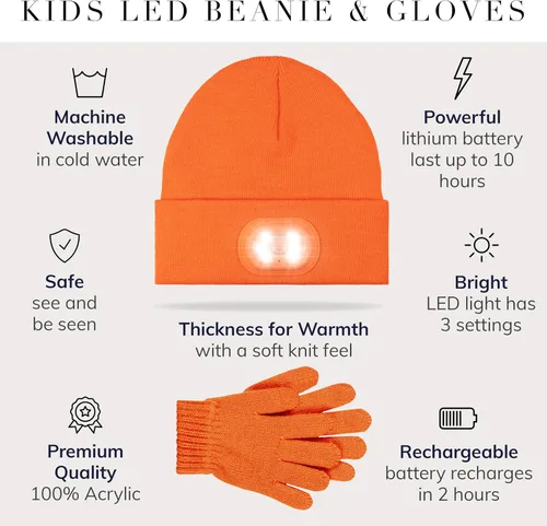Vista 6 de HEAD LIGHTZ by Roq Innovation - Kids Beanie with Light & Glove Set - Unisex LED Beanie Hat with Light Built in, Rechargeable
