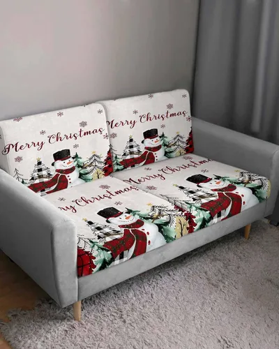 Vista 3 de Fundas de cojín elásticas para sofá de Navidad, diseño de muñeco de nieve, seccional/individual/en forma de L, protector de muebles con parte