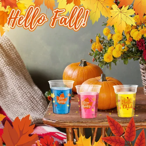 Vista 6 de Meanplan 100 vasos de plástico de Acción de Gracias a granel de 12 onzas, vasos desechables de otoño, hojas de calabaza, pavo, vasos transparentes