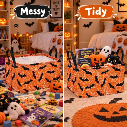 Vista 6 de Cesta de almacenamiento de Halloween, diseño de tela plegable con diseño de araña, murciélago y calabaza, con asas de cuero, organizador de estante