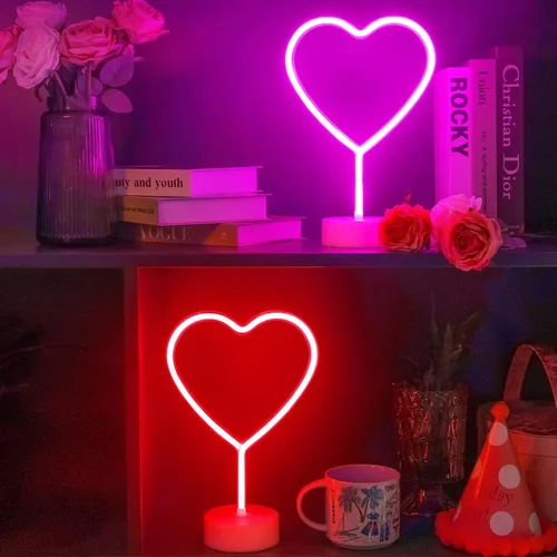 Vista 5 de BHCLIGHT 1PK Letrero de Corazón de Neón Rosa & 1PK Letrero de Corazón de Neón Rojo, Luz de Neón LED para el Día de San Valentín Alimentada por