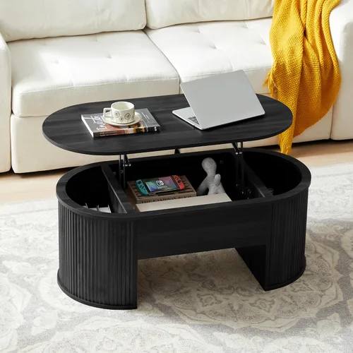 Vista 8 de QHITTY Mesa de centro con parte superior elevable, mesa auxiliar de madera ovalada acanalada con compartimento oculto, mesas centrales de mediados