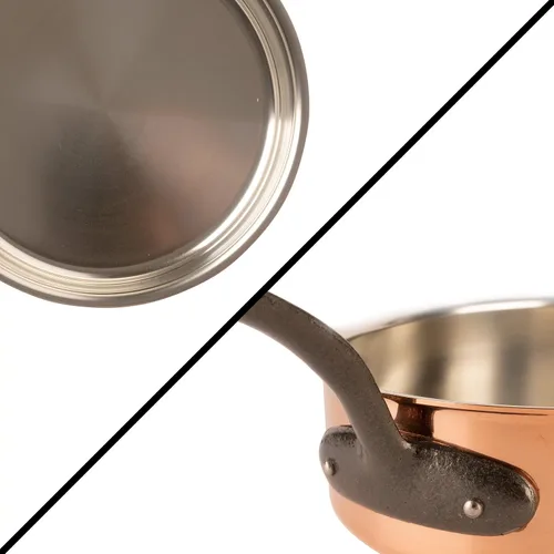 Vista 3 de Sartén de cobre estañado con mango y tapa de hierro fundido sartén tradicional de cobre sólido sartén de Francia con borde alto 1.1 qt