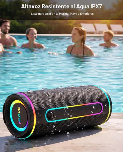 Vista 4 de MLOVE Altavoces E80 Bluetooth inalámbricos, altavoz Bluetooth portátil con entrada auxiliar, ranura para tarjeta micro SD, Bass Up, TWS, luces RGB