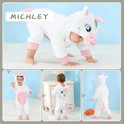 Vista 6 de Mameluco con capucha de animales para bebés de franela para invierno, Halloween y cosplay