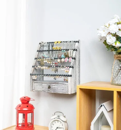 Vista 6 de Soporte organizador de aretes de tuerca de 5 niveles con caja de joyería de madera 175 agujeros colgantes bandejas organizadoras de joyería