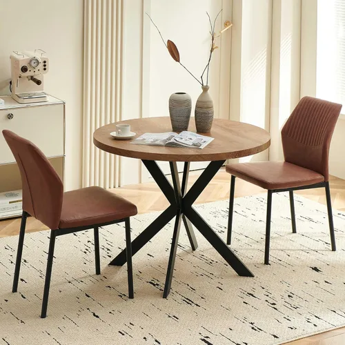 Vista 6 de Juego de 2 sillas de comedor de piel sintética marrón, cómodas sillas de cocina tapizadas sin brazos con patas de metal negro para sala de estar