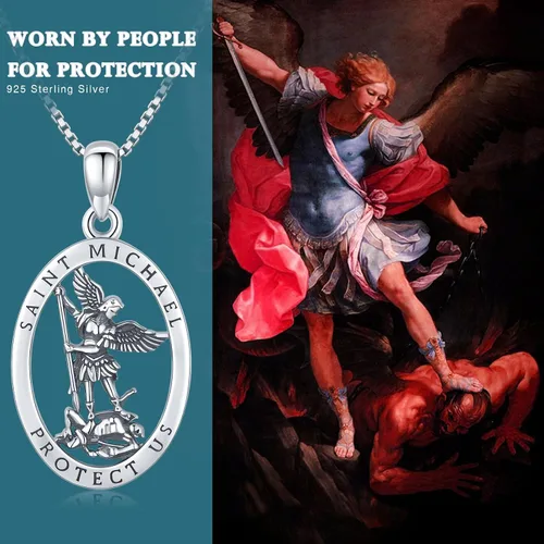 Vista 2 de Collar con colgante de San MiguelSan CristóperSan SebastiánGuadalupeÁngel de la GuardaSanta MuerteJudeJoseph para hombres y mujeres, plata de ley