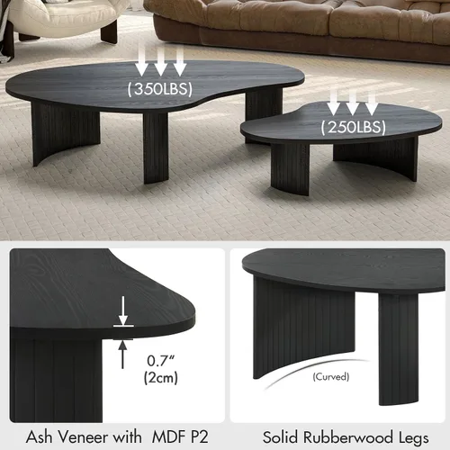 Vista 4 de Hyfirm Juego de mesa de centro anidable irregular negra con patas de madera estriada Tapas de chapa de fresno, patas de madera maciza acanaladas