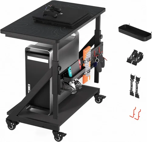 Vista 2 de Soporte de carro de torre de computadora ajustable en altura, mesa de pie para computadora portátil, soporte de impresora con ruedas bloqueables