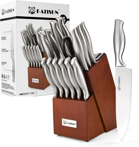 Vista 10 de Juego de cuchillos de cocina de 15 piezas con afilador integrado, juego de bloques de cuchillos de acero inoxidable alemán, apto para lavavajillas