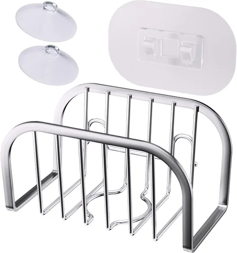 Vista 5 de SWTYMIKI Soporte de esponja para fregadero de cocina, soporte de esponja de fregadero móvil con ventosas de acero inoxidable para fregadero de acero