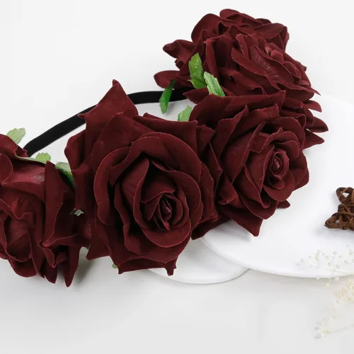 Vista 3 de WOVOWOVO Diademas florales de corona de rosas oscuras para mujer, diadema de rosas falsas rojas para festivales, Halloween, cosplay, disfraces