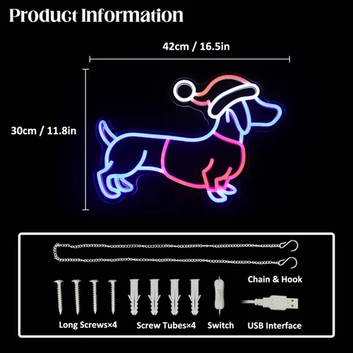 Vista 4 de Letrero de neón de perro salchicha con sombrero de Navidad, letrero LED de neón de perro salchicha, luces de neón de perro salchicha
